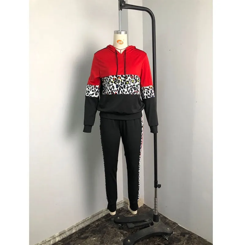 4XL 2XL Patchwork Red Black & Leoaprd Print Tracksuit Pullover Hoodie w/ Pants Plus Size Women