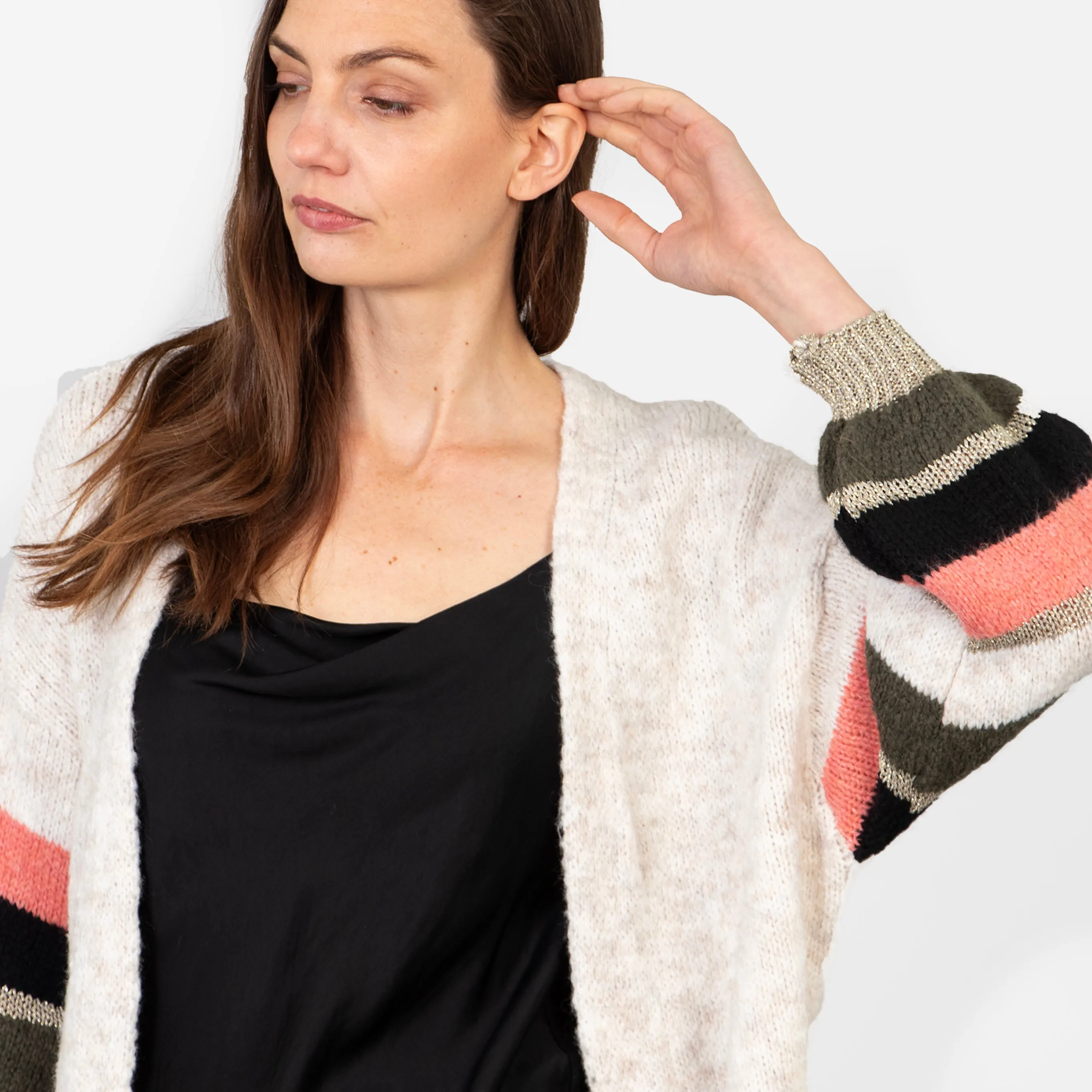 April Balloon Sleeve Cardigan - Cream/Khaki, Colourblock