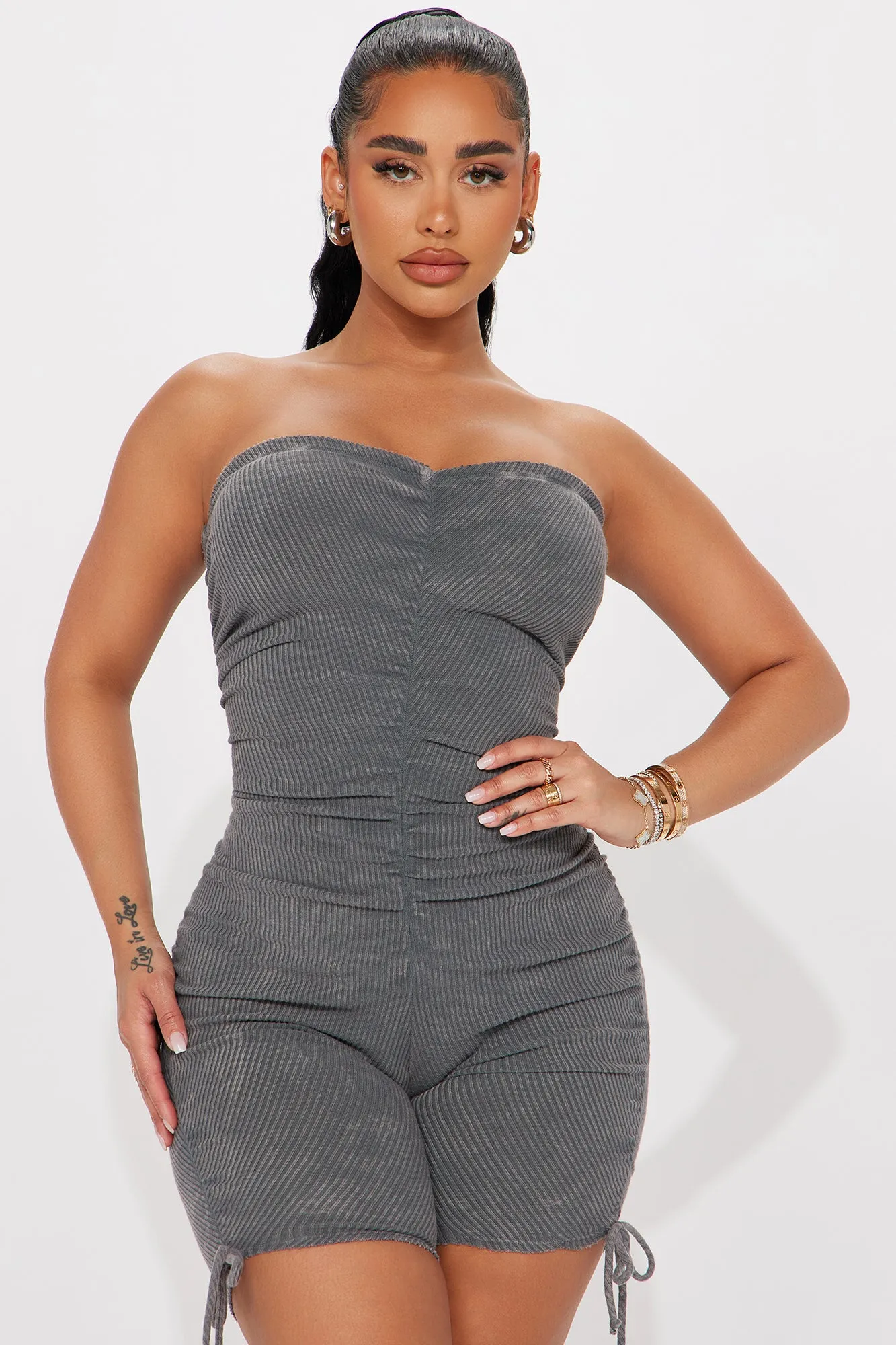 Audrey Mineral Wash Rib Romper - Grey
