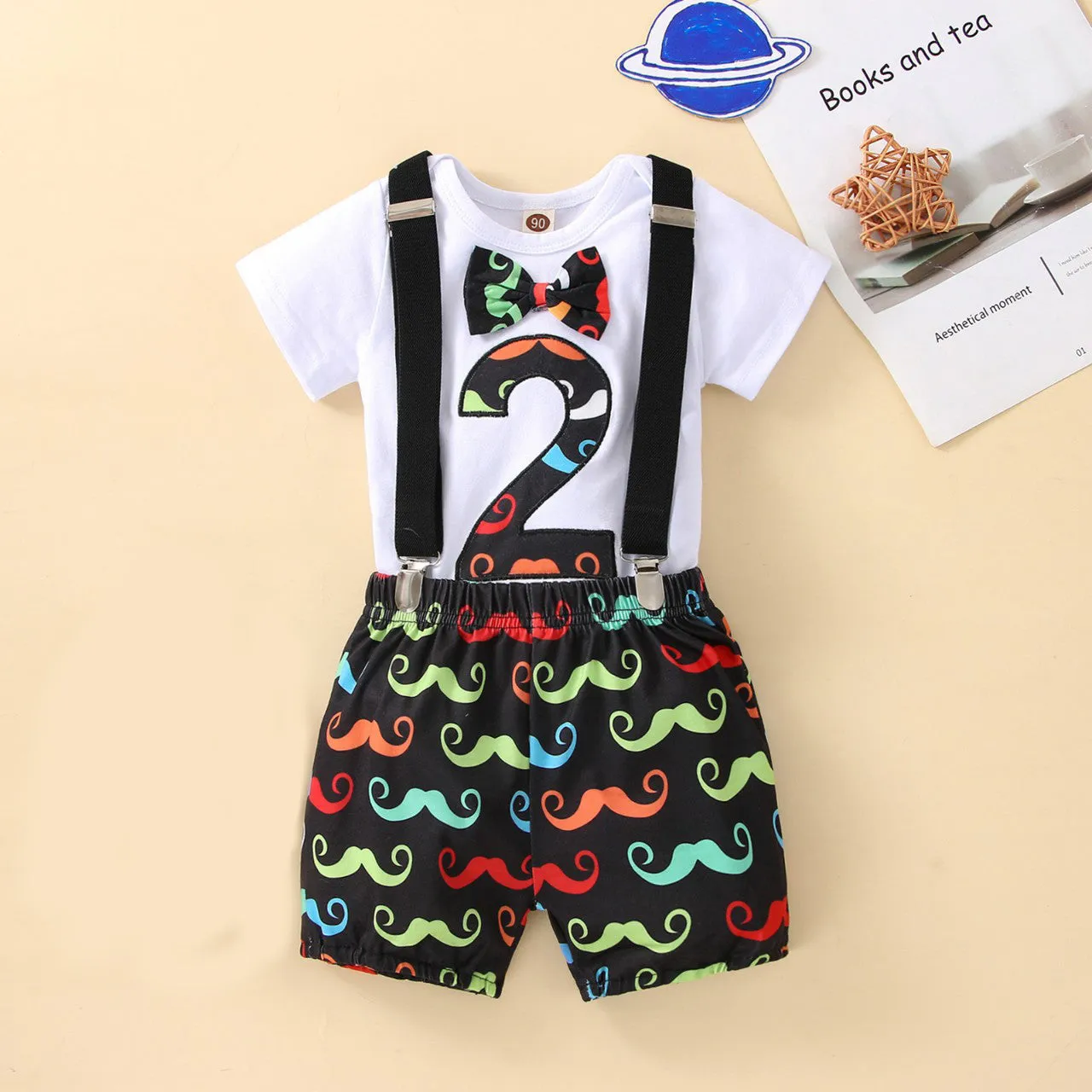 Babymoon 2nd Birthday Cake Smash Outfit |Romper & Suspender Costume | 2 Yr - Black