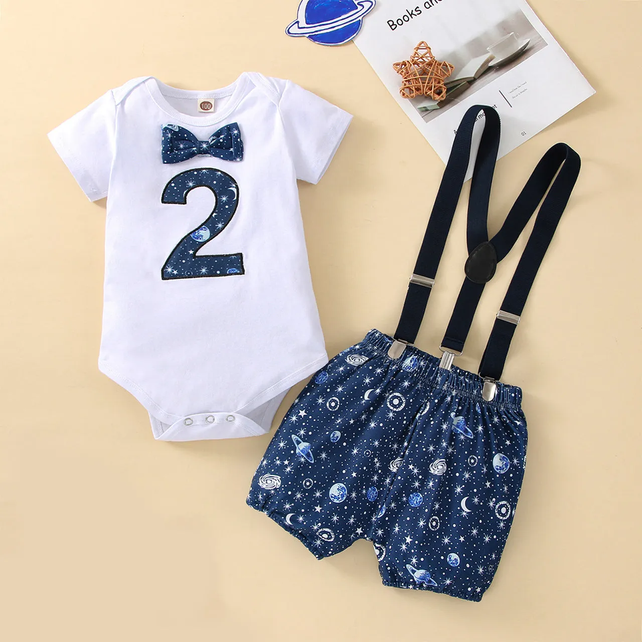 Babymoon 2nd Birthday Cake Smash Outfit |Romper & Suspender Costume | 2 Yr - Blue