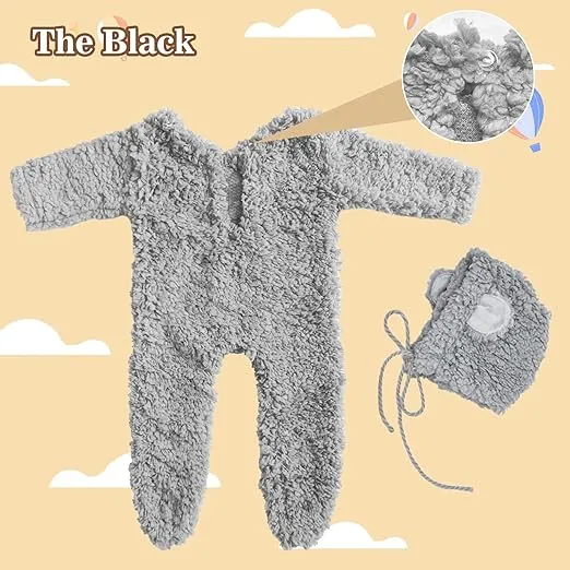Babymoon Set of 2 | Fleece Suit with Infant Baby Bear Cap Hat | Baby Photography Props Costume | Baby Gift Set | 0-1Yr | Grey