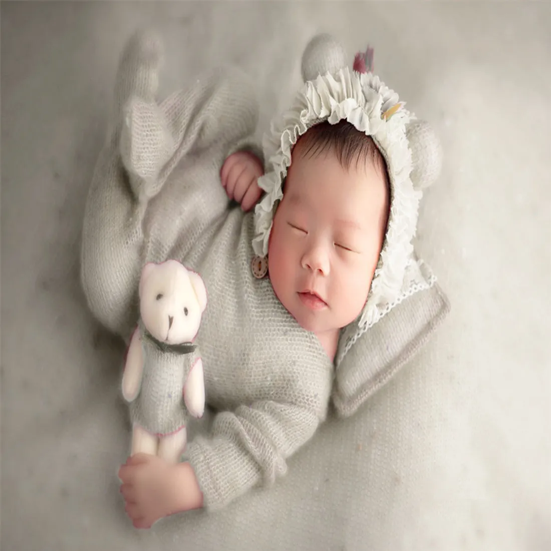 Babymoon | Set Of 4 | Romper, Pillow, Bear & Hat | Costume | Baby Photography Props | Cream