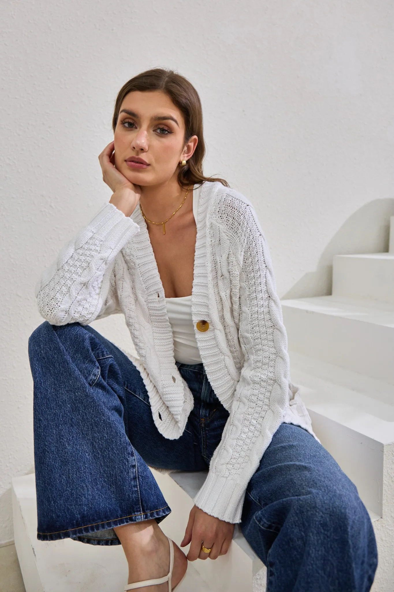 Dawn White Longline Cable Knit Cardigan