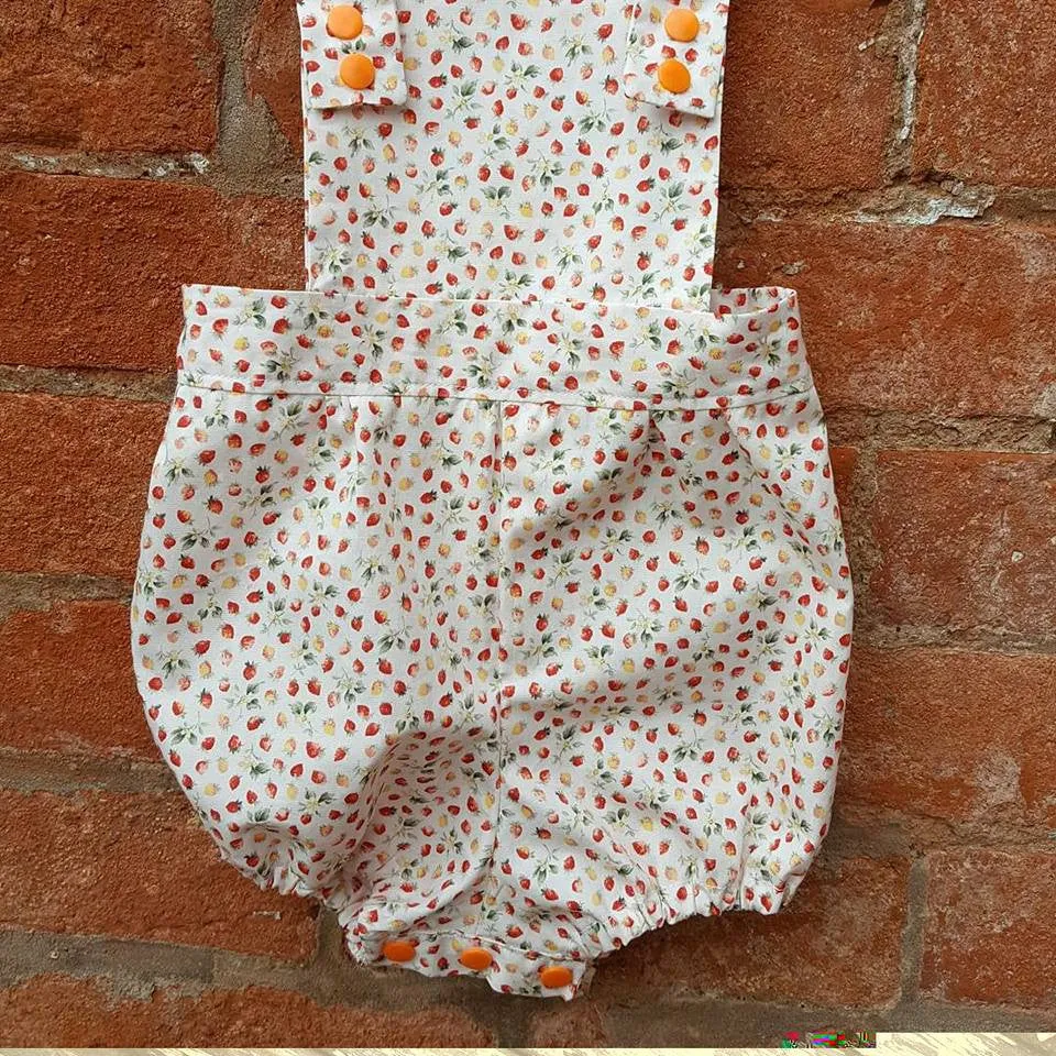 Handmade baby romper to fit 6 months upwards, 100%  cotton strawberry print.