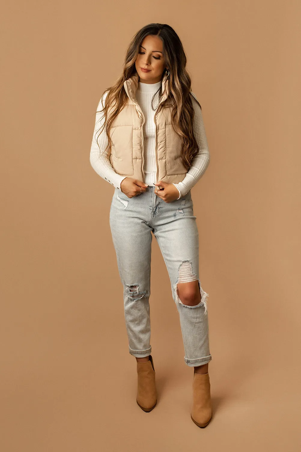 Last To Know Cropped Puffer Vest (Almond) | SIZE LARGE FINAL SALE