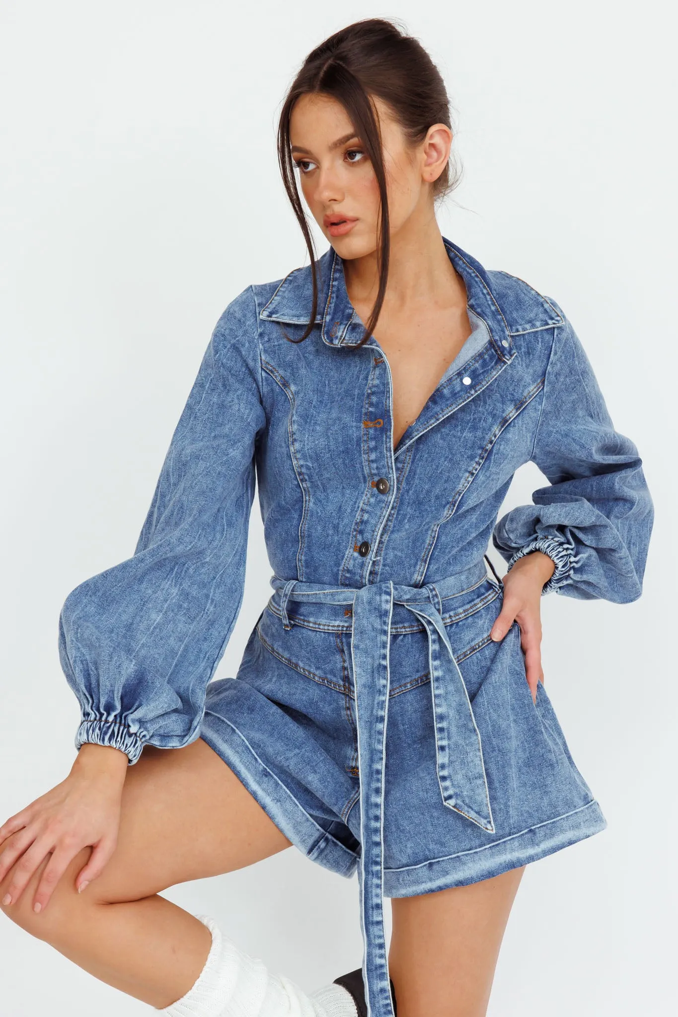 New Day Long Sleeve Button-Up Romper Denim