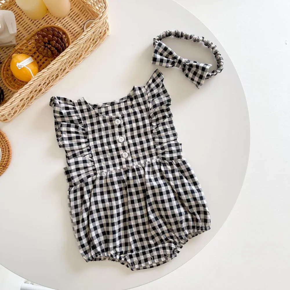 Newborn Baby Girls Lattice Color Matching Romper with Head Band Baby Boutique Clothing Wholesale