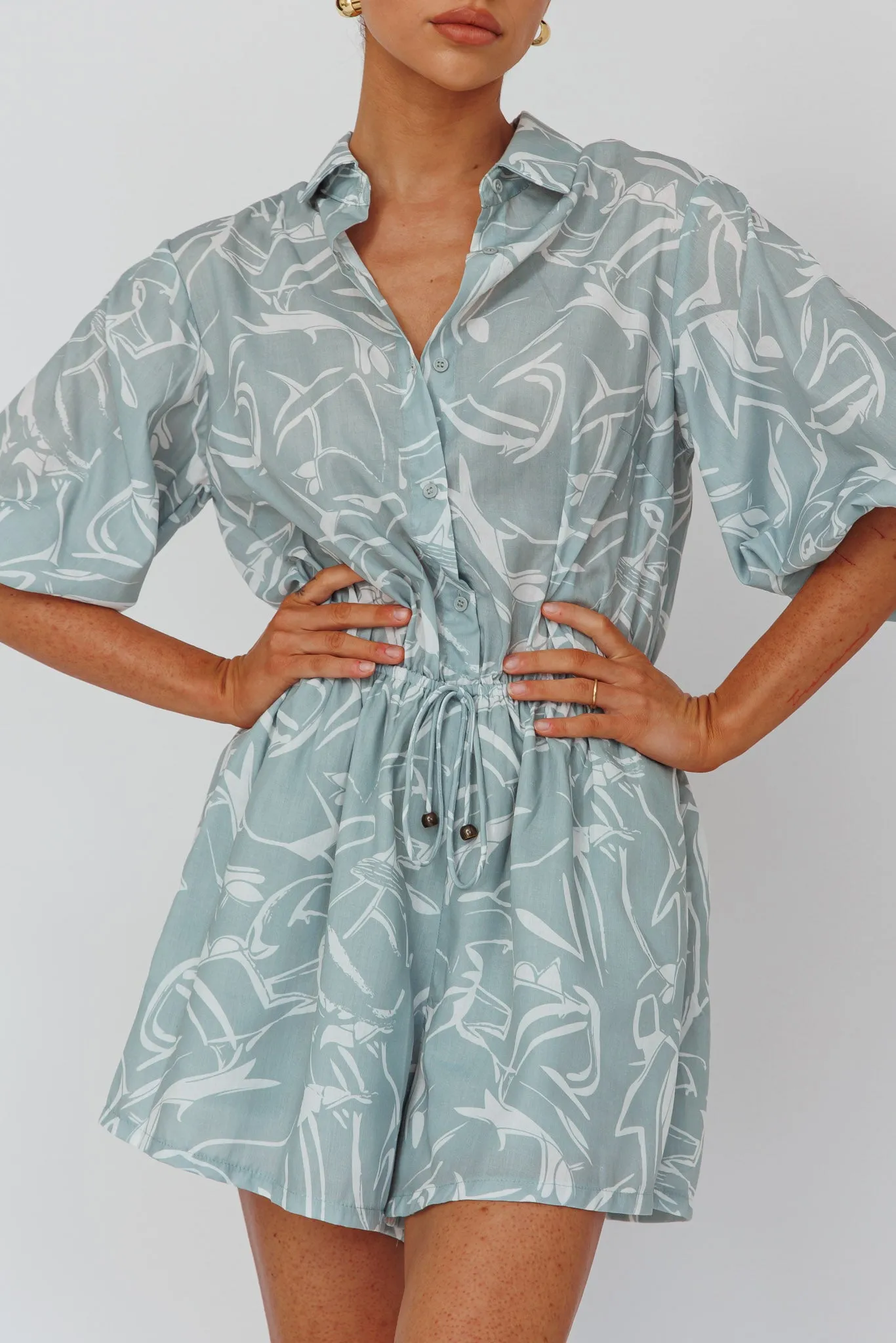 Tiki Puff Sleeve Drawstring Romper Print Sage