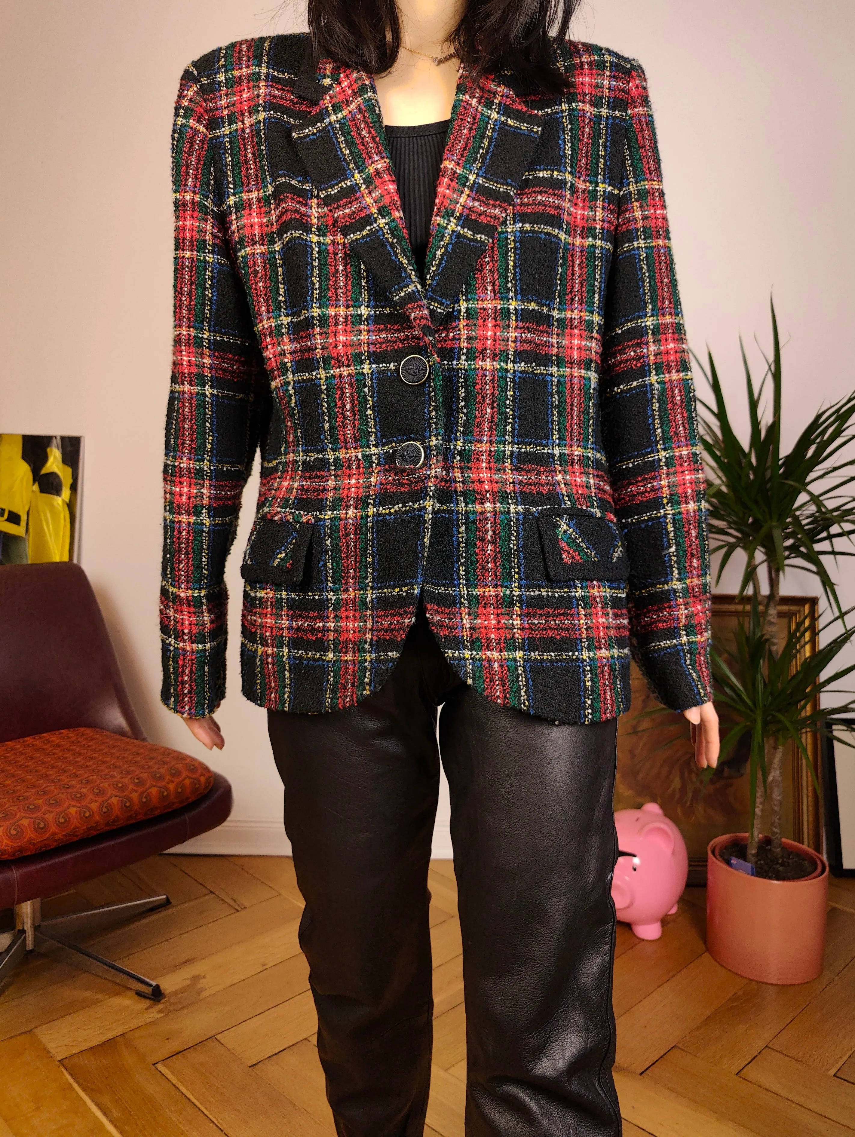 Vintage wool blend black blazer red check checker pattern pattern jacket women M